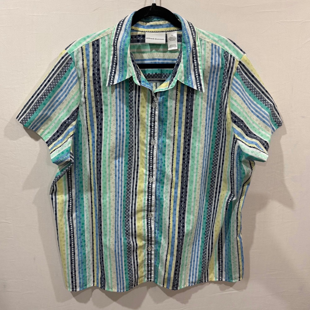 Alfred Dunner Womens XL Short Sleeve Button Down Stripe Geometric Shirt Blue